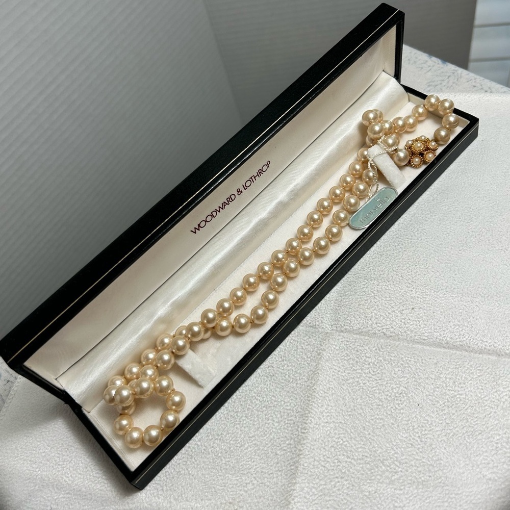 Marvella Faux Pearl Necklace Vintage 24" Gold Tone Floral Clasp